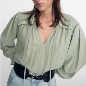 Zara Green Relaxed Smocked Blouse